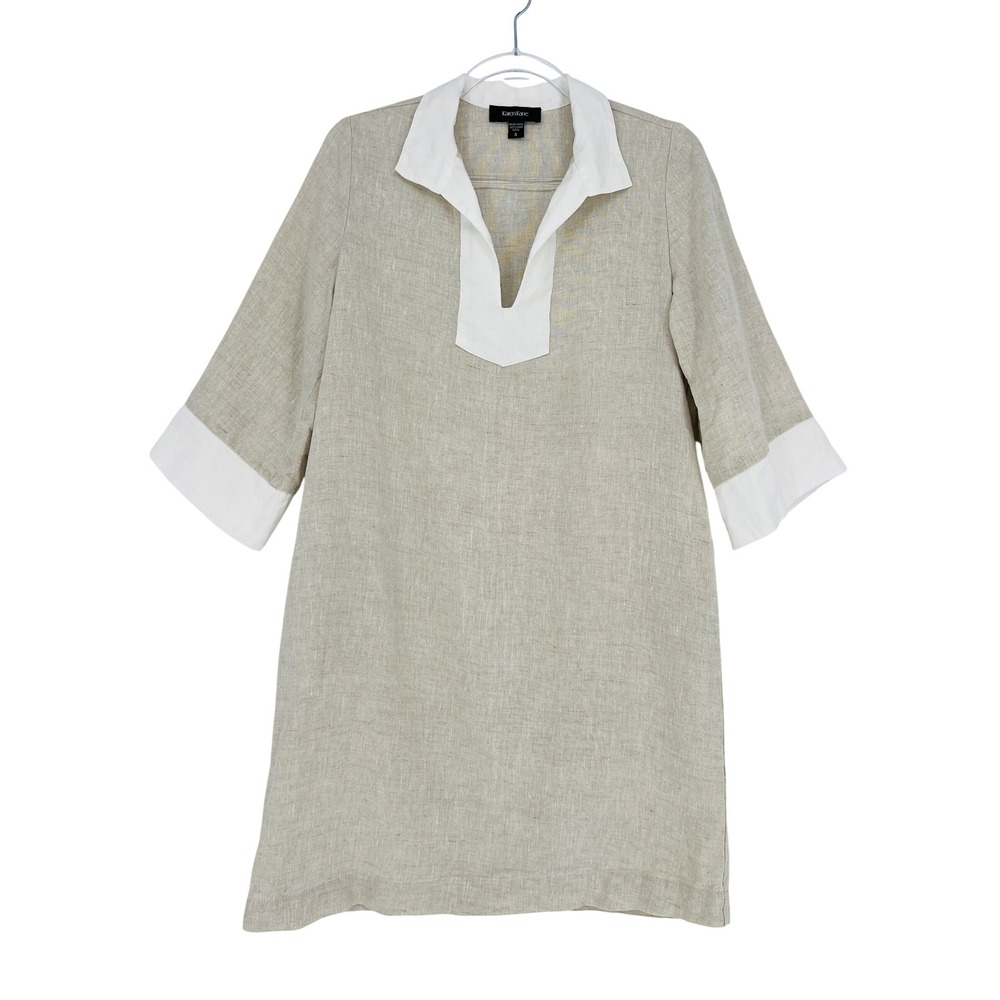 Karen Kane Shift Dress Womens Small Beige Linen V-Neck Pockets Coastal‎ Summer